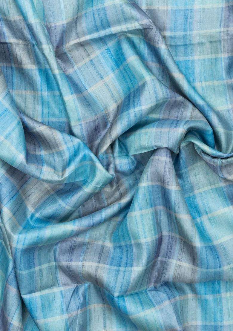 Light Blue Printed Synthetic Dupion Art Silk Saree With Stripes For Women - Indya