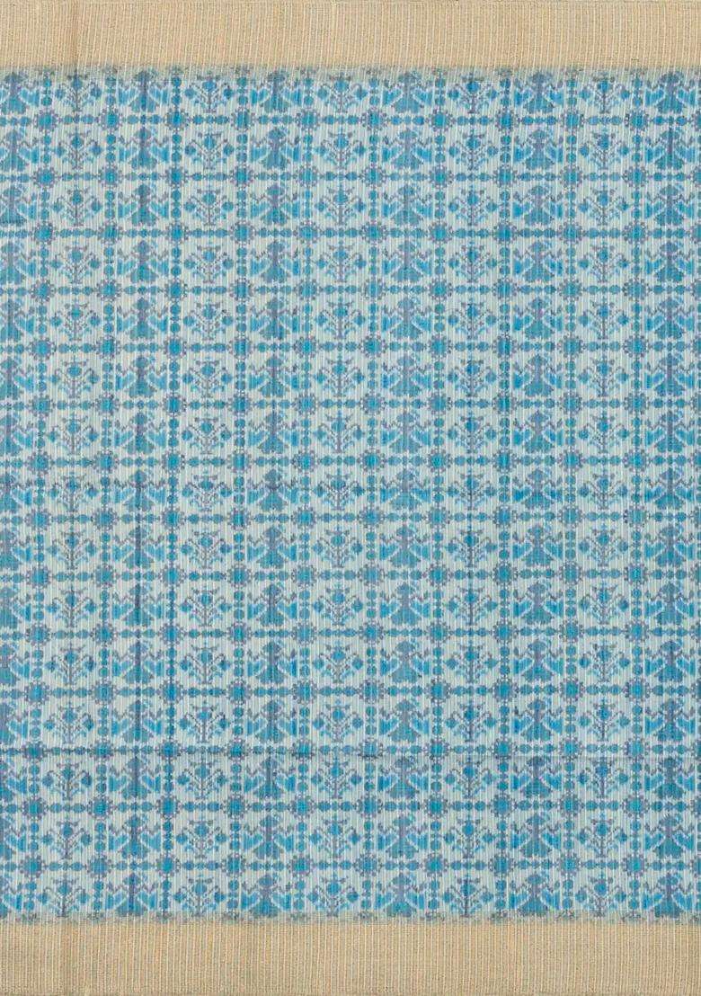 Light Blue Printed Synthetic Dupion Art Silk Saree With Stripes For Women - Indya