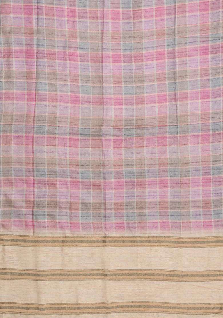 Peach Printed Synthetic Dupion Art Silk Saree With Stripes For Women - Indya