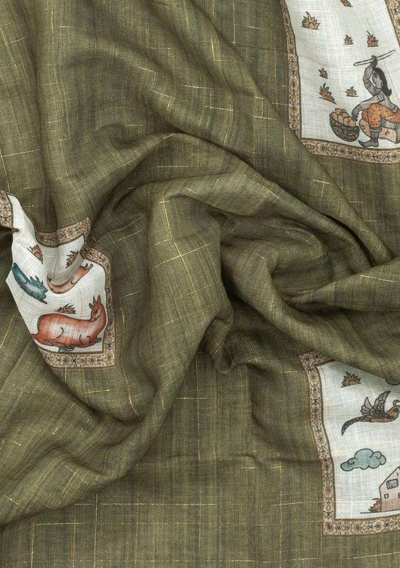 Sage Green Printed Art Linen Saree With Zari Checks For Women - Indya
