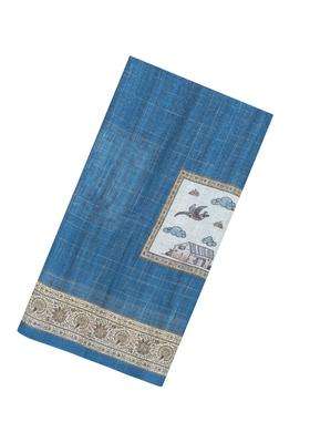 Blue Printed Art Linen Saree With Zari Checks For Women