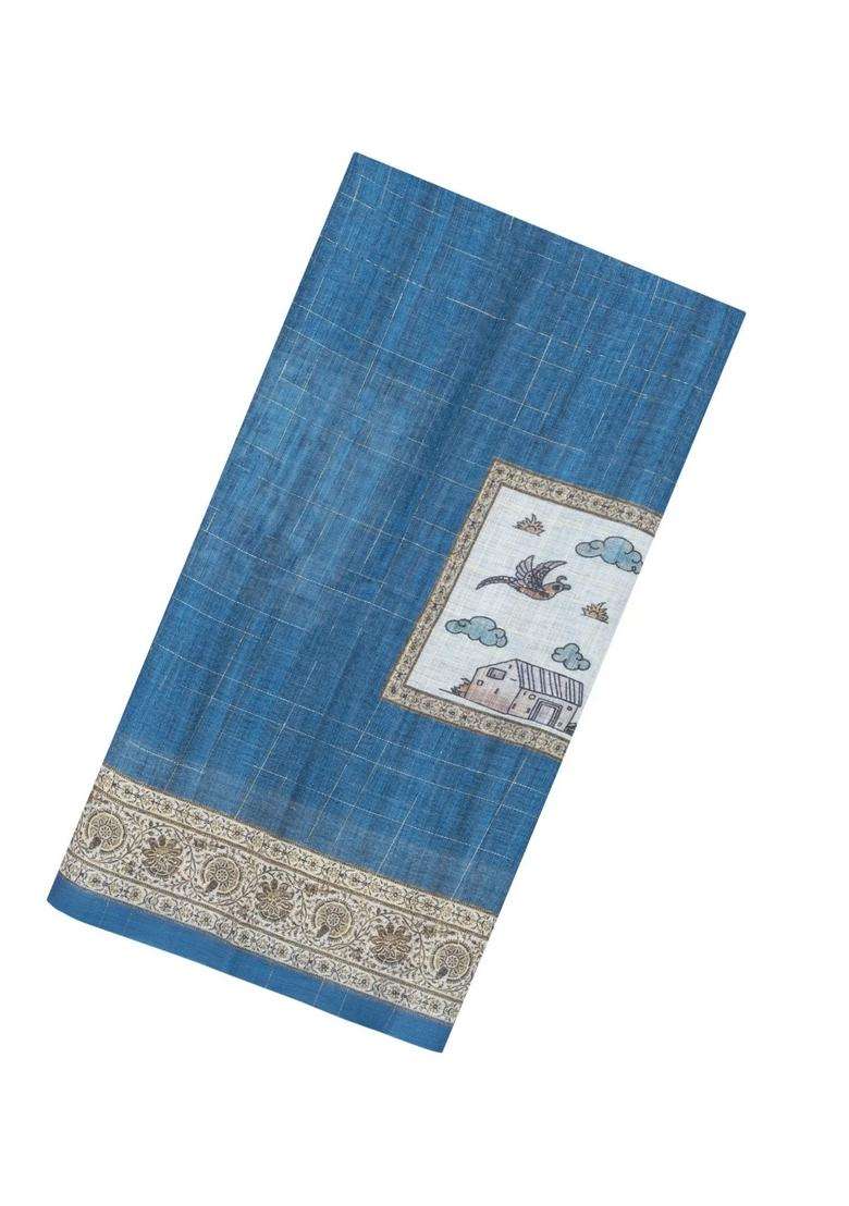 Blue Printed Art Linen Saree With Zari Checks For Women - Indya