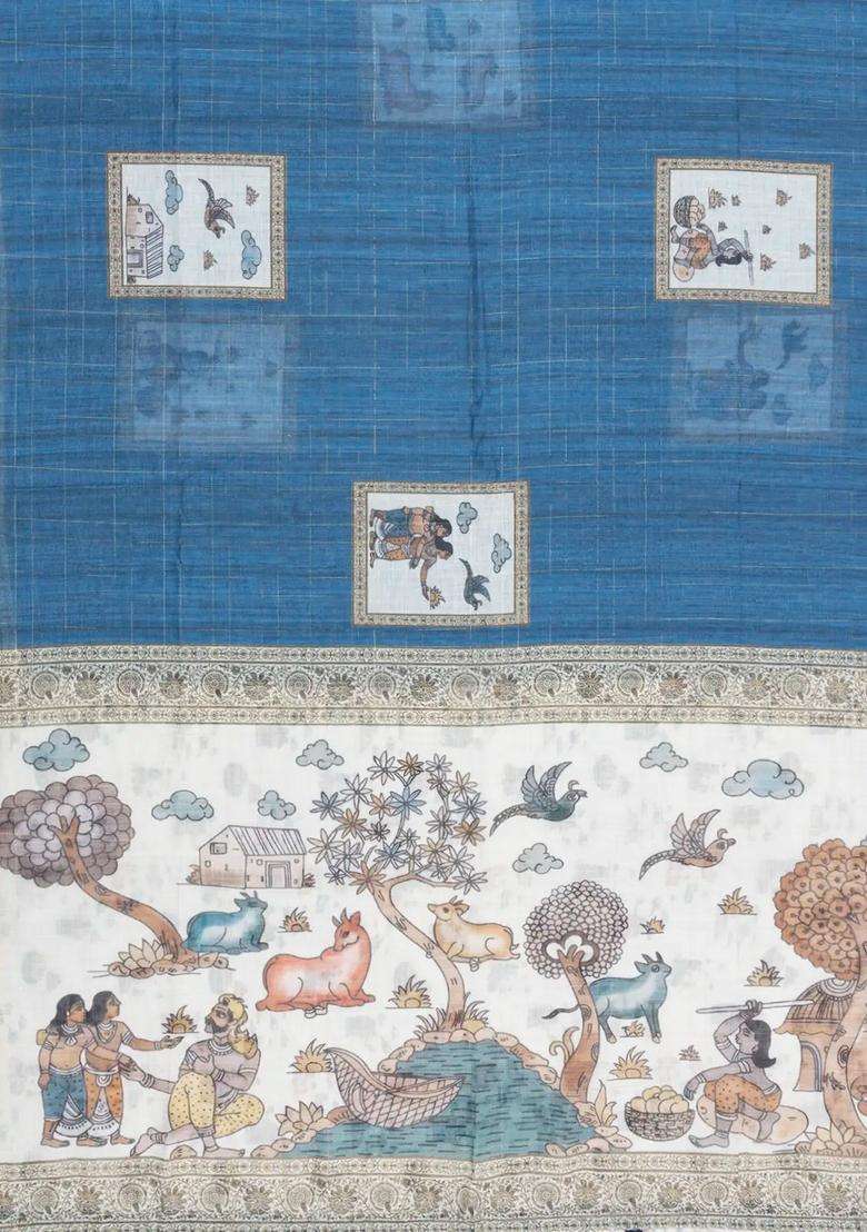 Blue Printed Art Linen Saree With Zari Checks For Women - Indya