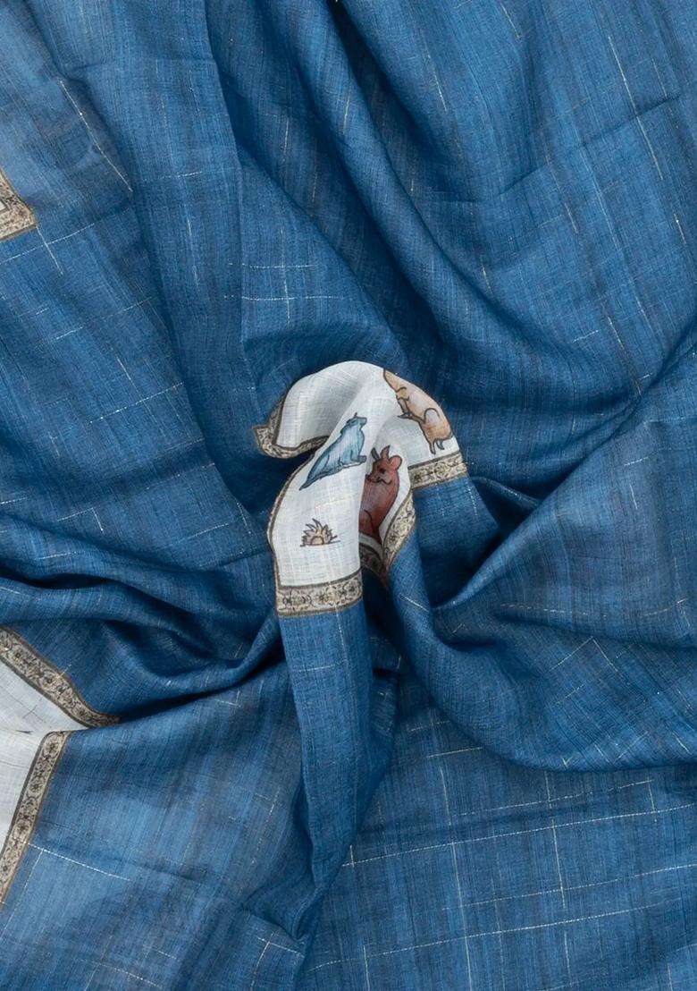 Blue Printed Art Linen Saree With Zari Checks For Women - Indya