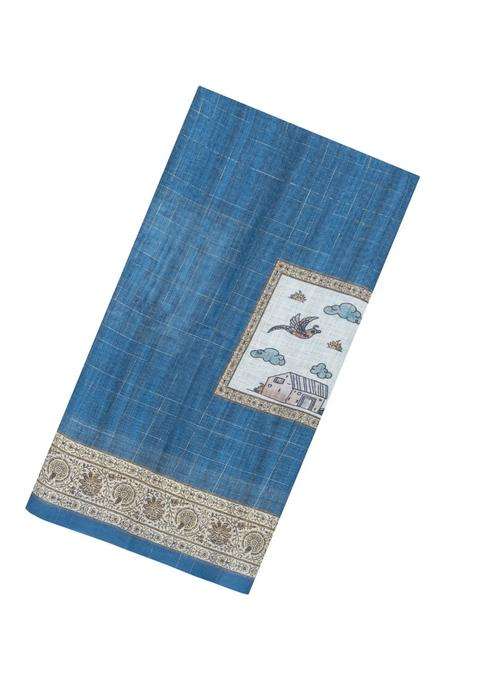 Blue Printed Art Linen Saree With Zari Checks For Women