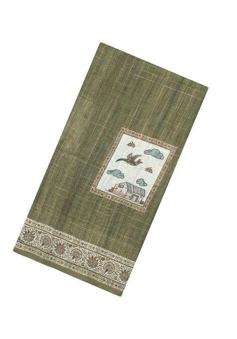 Green Printed Art Linen Saree With Zari Checks For Women