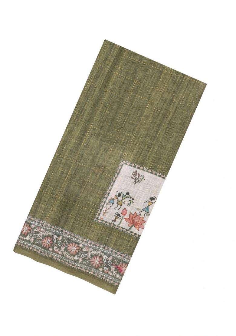 Green Printed Art Linen Saree With Zari Checks For Women - Indya
