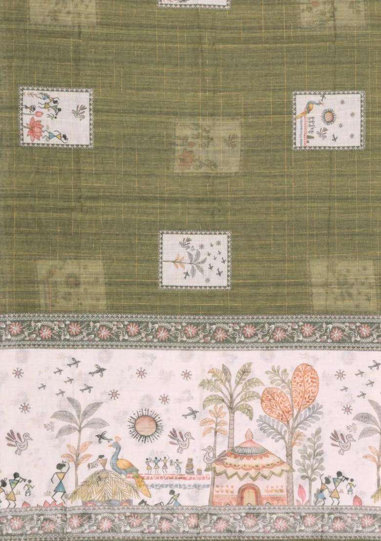 Green Printed Art Linen Saree With Zari Checks For Women - Indya