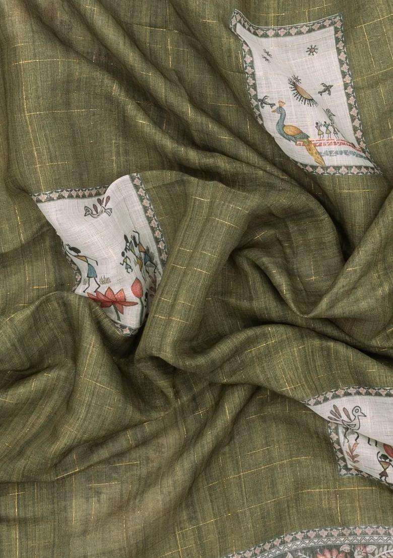 Green Printed Art Linen Saree With Zari Checks For Women - Indya