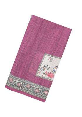 Dusty Pink Printed Art Linen Saree With Zari Checks For Women