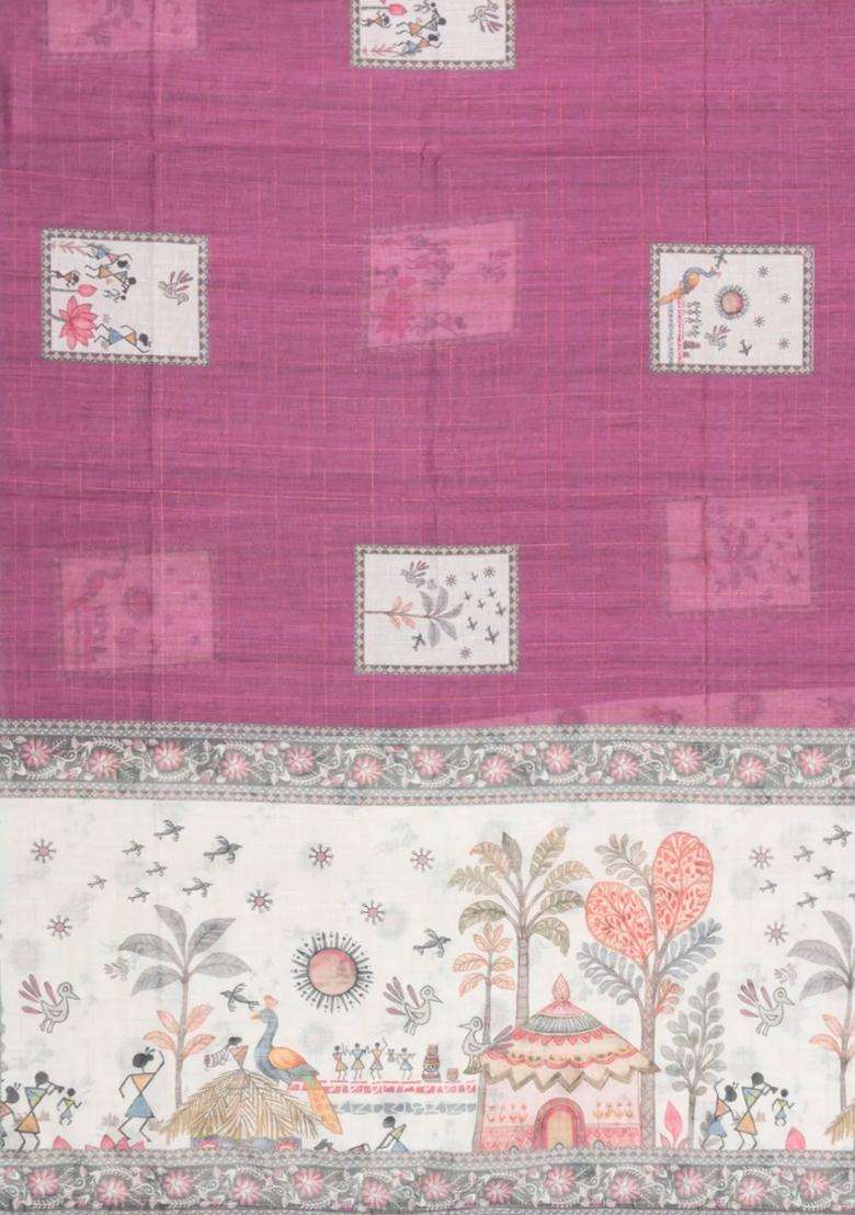 Dusty Pink Printed Art Linen Saree With Zari Checks For Women - Indya