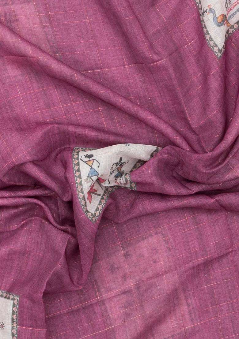 Dusty Pink Printed Art Linen Saree With Zari Checks For Women - Indya