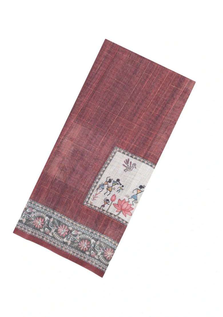 Brown Printed Art Linen Saree With Zari Checks For Women - Indya