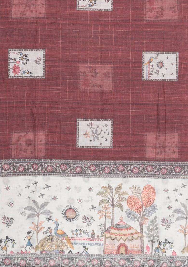 Brown Printed Art Linen Saree With Zari Checks For Women - Indya