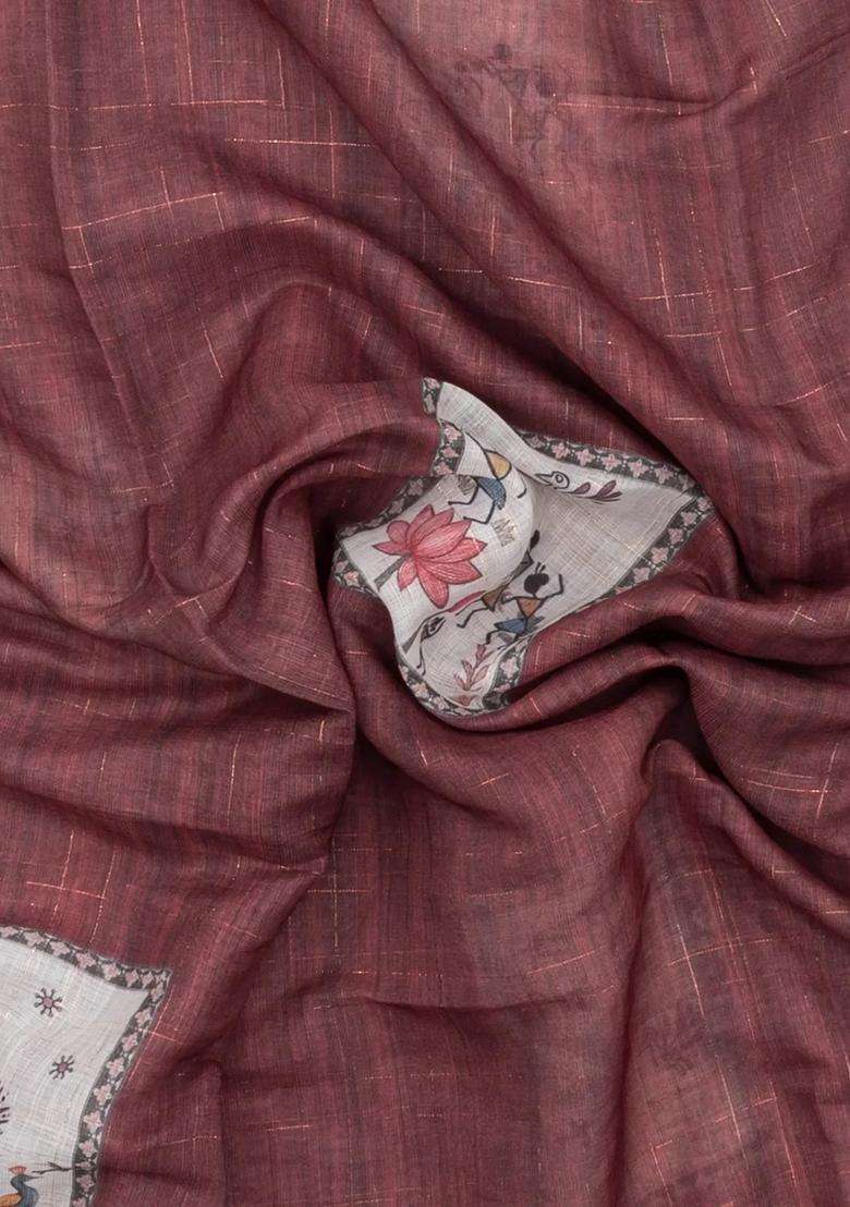 Brown Printed Art Linen Saree With Zari Checks For Women - Indya