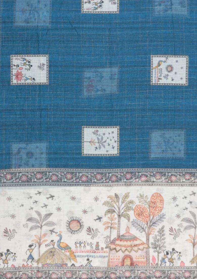 Indigo Printed Art Linen Saree With Zari Checks For Women - Indya