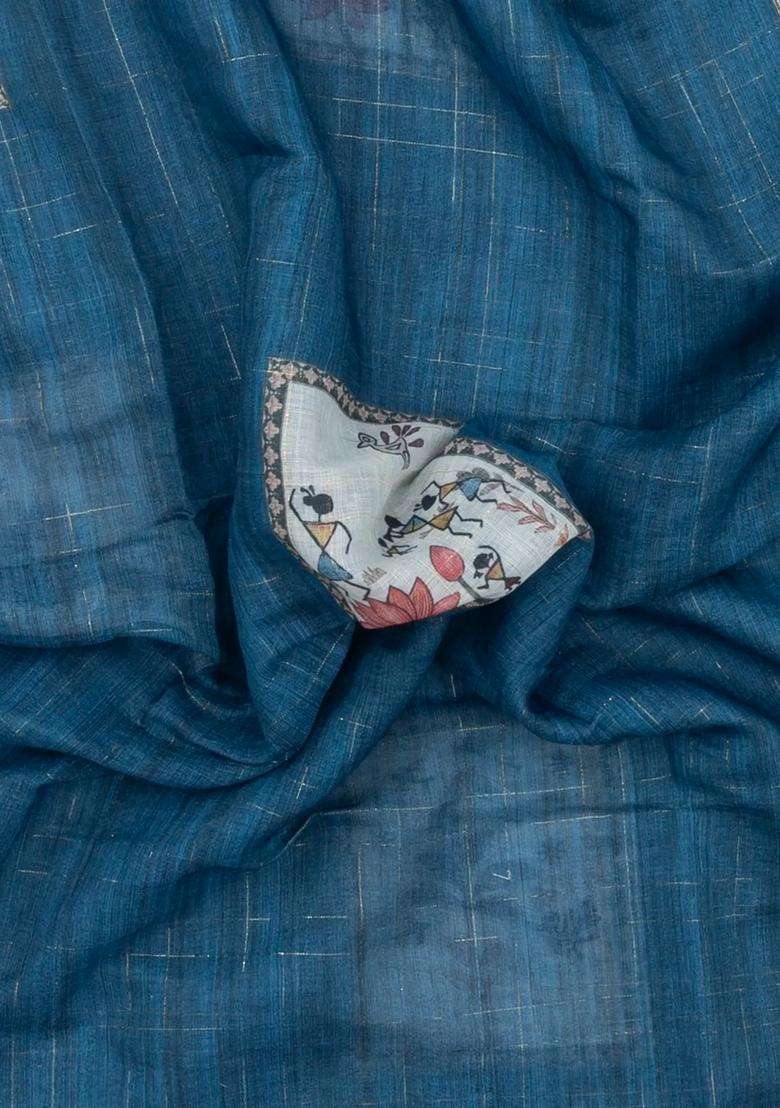 Indigo Printed Art Linen Saree With Zari Checks For Women - Indya