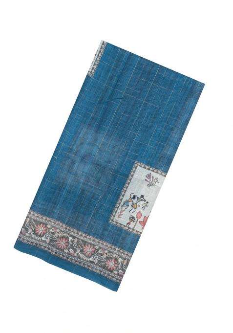 Indigo Printed Art Linen Saree With Zari Checks For Women