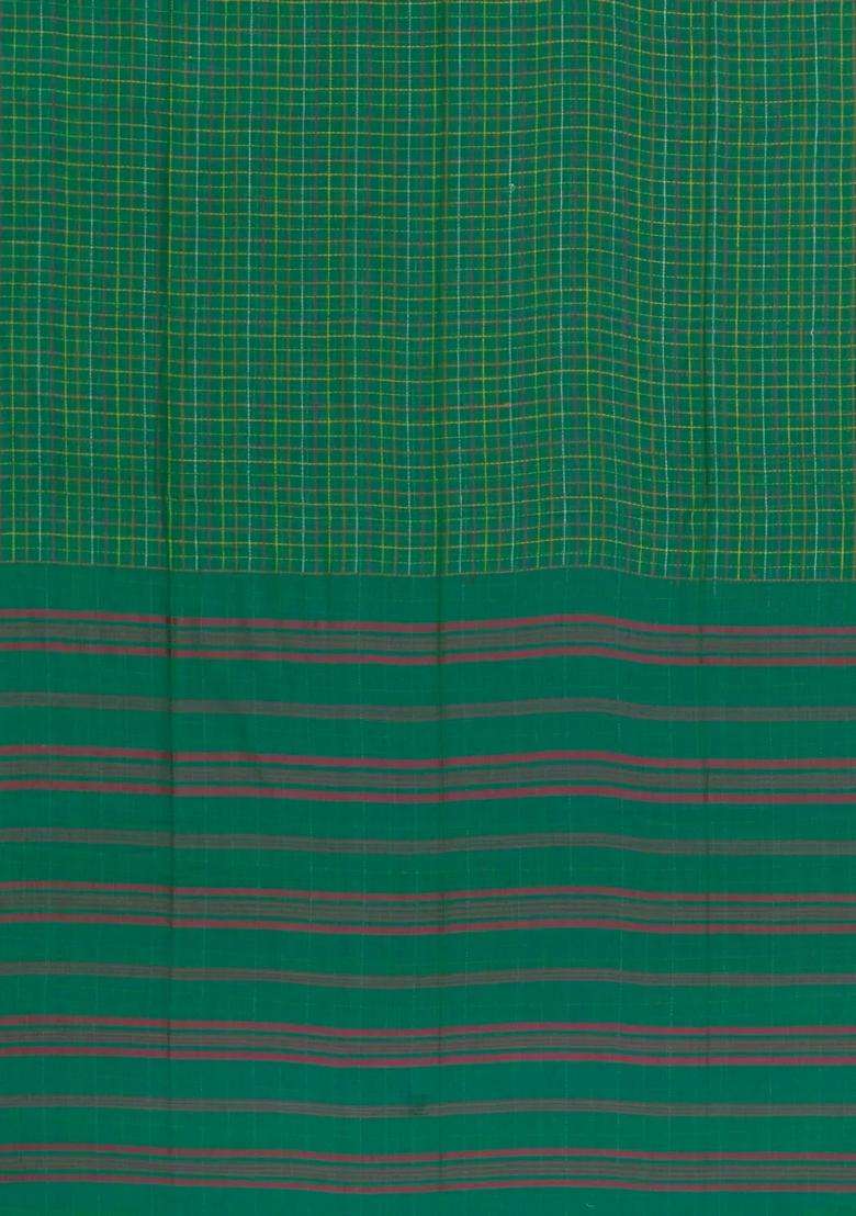 Green Handloom Bengal Cotton Saree With Dotted Checks With Checks And Stripes Design For Women - Indya