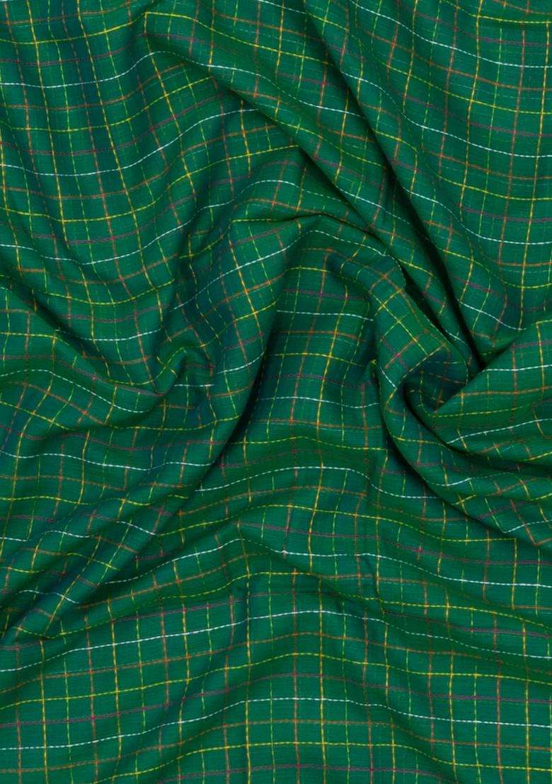 Green Handloom Bengal Cotton Saree With Dotted Checks With Checks And Stripes Design For Women - Indya