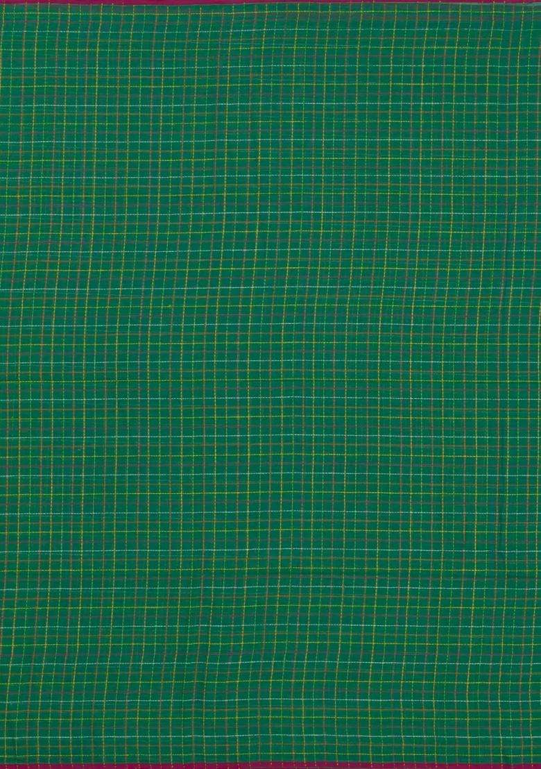 Green Handloom Bengal Cotton Saree With Dotted Checks With Checks And Stripes Design For Women - Indya