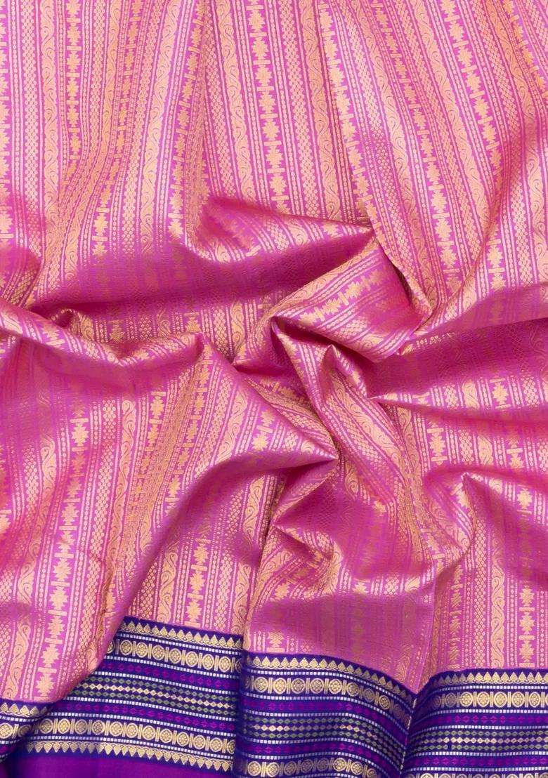 Baby Pink Handloom Korvai Kanchipuram Silk Saree With Contrast Border With Korvai And Temple Border Design For Women - Indya