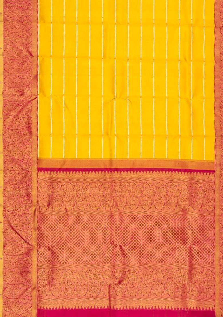Yellow Handloom Korvai Kanchipuram Silk Saree With Stripes Contrast Border With Korvai And Temple Border Design For Women - Indya