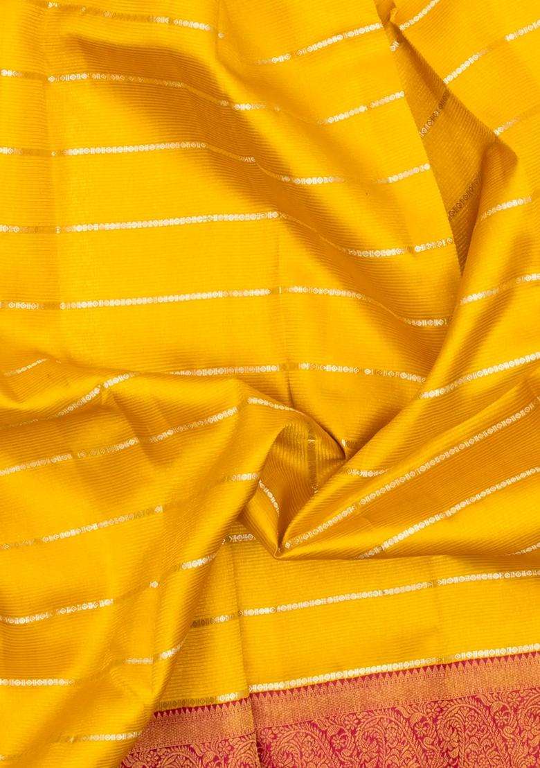 Yellow Handloom Korvai Kanchipuram Silk Saree With Stripes Contrast Border With Korvai And Temple Border Design For Women - Indya
