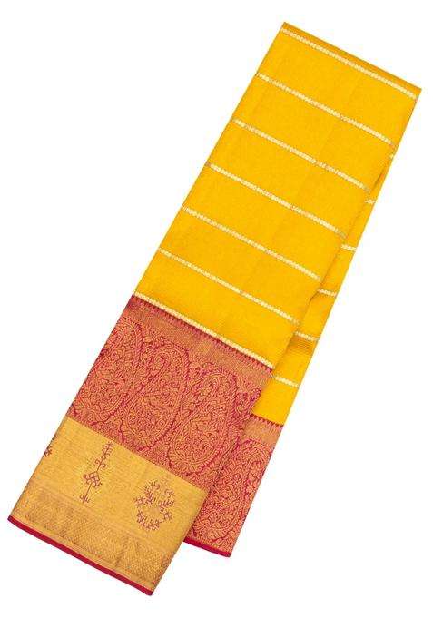 Yellow Handloom Korvai Kanchipuram Silk Saree With Stripes Contrast Border With Korvai And Temple Border Design For Women