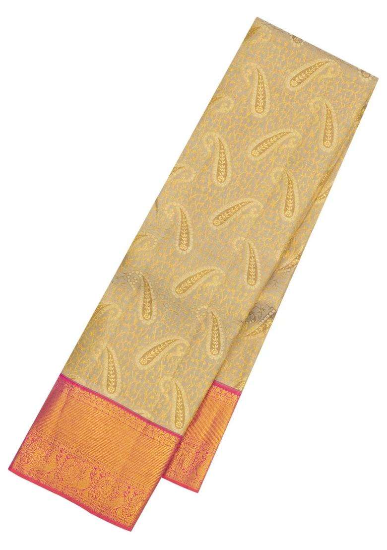 Beige Handloom Korvai Kanchipuram Silk Saree With Floral Zari Motifs With Korvai And Temple Border Design For Women - Indya