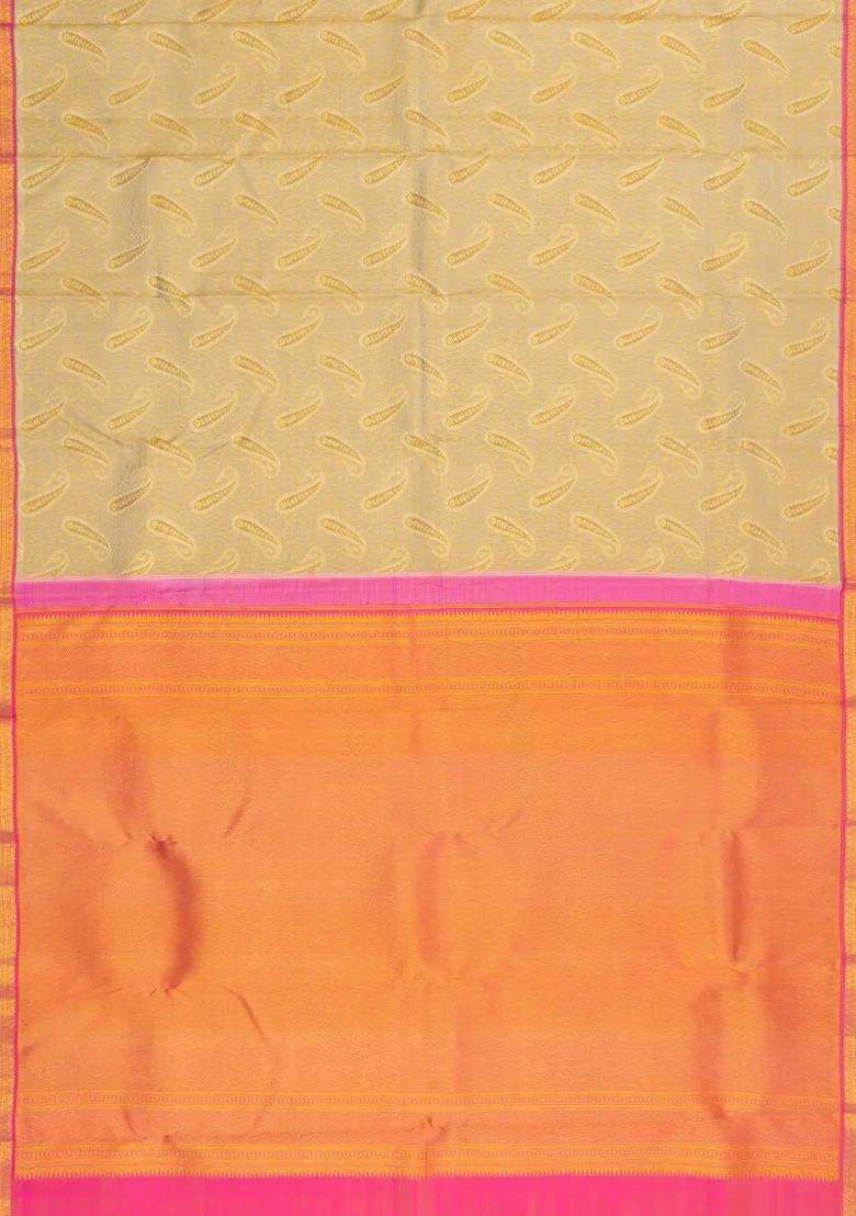 Beige Handloom Korvai Kanchipuram Silk Saree With Floral Zari Motifs With Korvai And Temple Border Design For Women - Indya