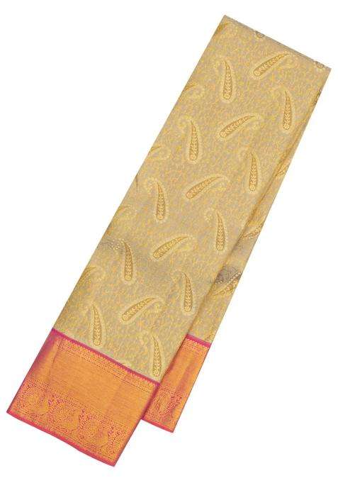 Beige Handloom Korvai Kanchipuram Silk Saree With Floral Zari Motifs With Korvai And Temple Border Design For Women