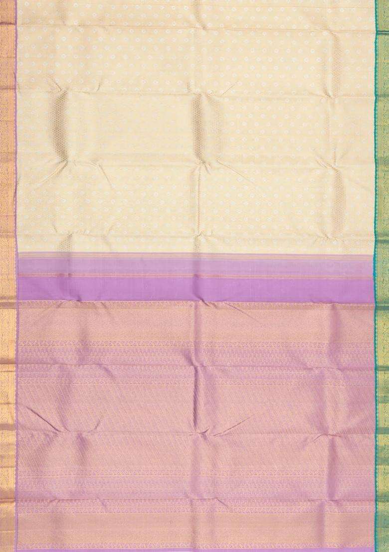 Cream Handloom Korvai Kanchipuram Silk Saree With Ganga Jamuna Border With Korvai And Temple Border Design For Women - Indya