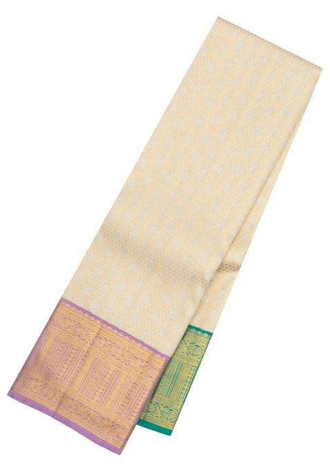 Cream Handloom Korvai Kanchipuram Silk Saree With Ganga Jamuna Border With Korvai And Temple Border Design For Women