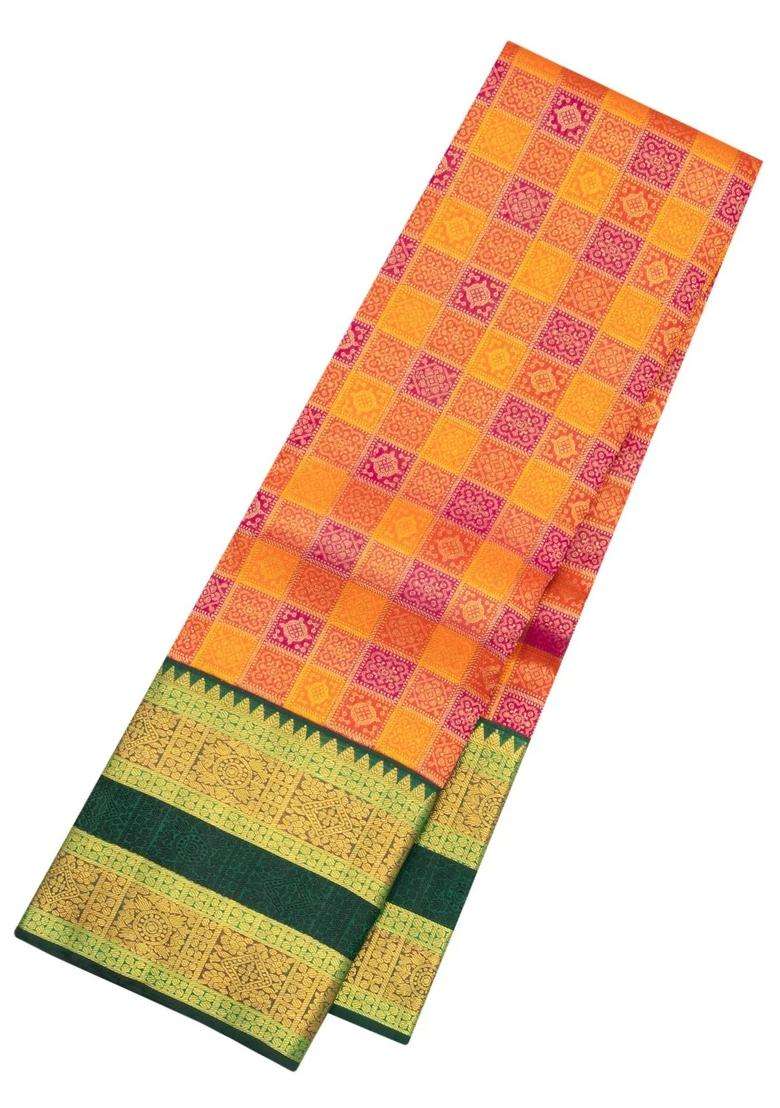 Orange Magenta Handloom Korvai Kanchipuram Silk Saree With Contrast Border With Korvai And Temple Border Design For Women - Indya