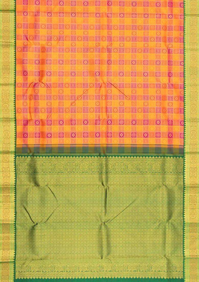 Orange Magenta Handloom Korvai Kanchipuram Silk Saree With Contrast Border With Korvai And Temple Border Design For Women - Indya