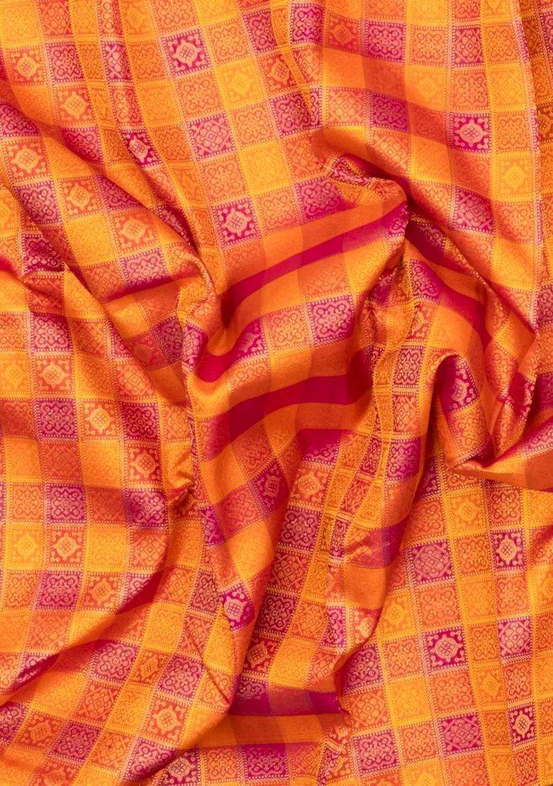 Orange Magenta Handloom Korvai Kanchipuram Silk Saree With Contrast Border With Korvai And Temple Border Design For Women - Indya