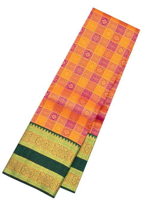 Orange Magenta Handloom Korvai Kanchipuram Silk Saree With Contrast Border With Korvai And Temple Border Design For Women