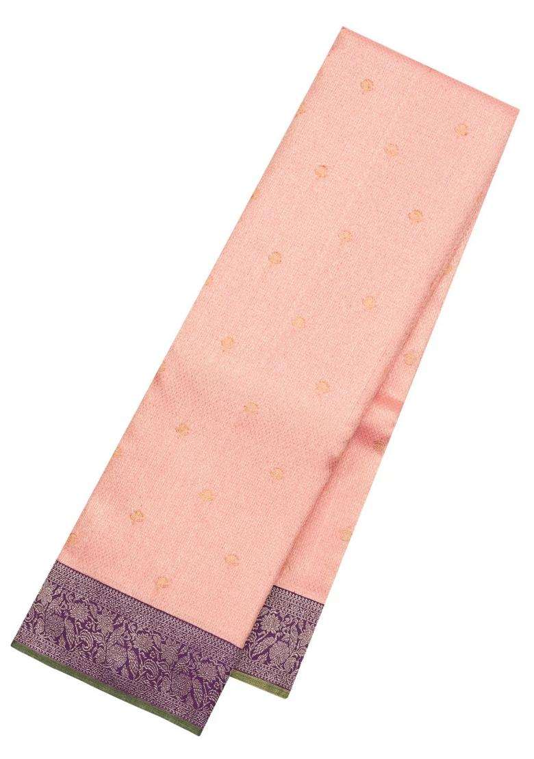Baby Pink Handloom Korvai Kanchipuram Silk Saree With Contrast Border With Korvai And Temple Border Design For Women - Indya