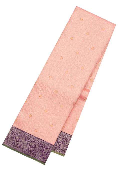 Baby Pink Handloom Korvai Kanchipuram Silk Saree With Contrast Border With Korvai And Temple Border Design For Women