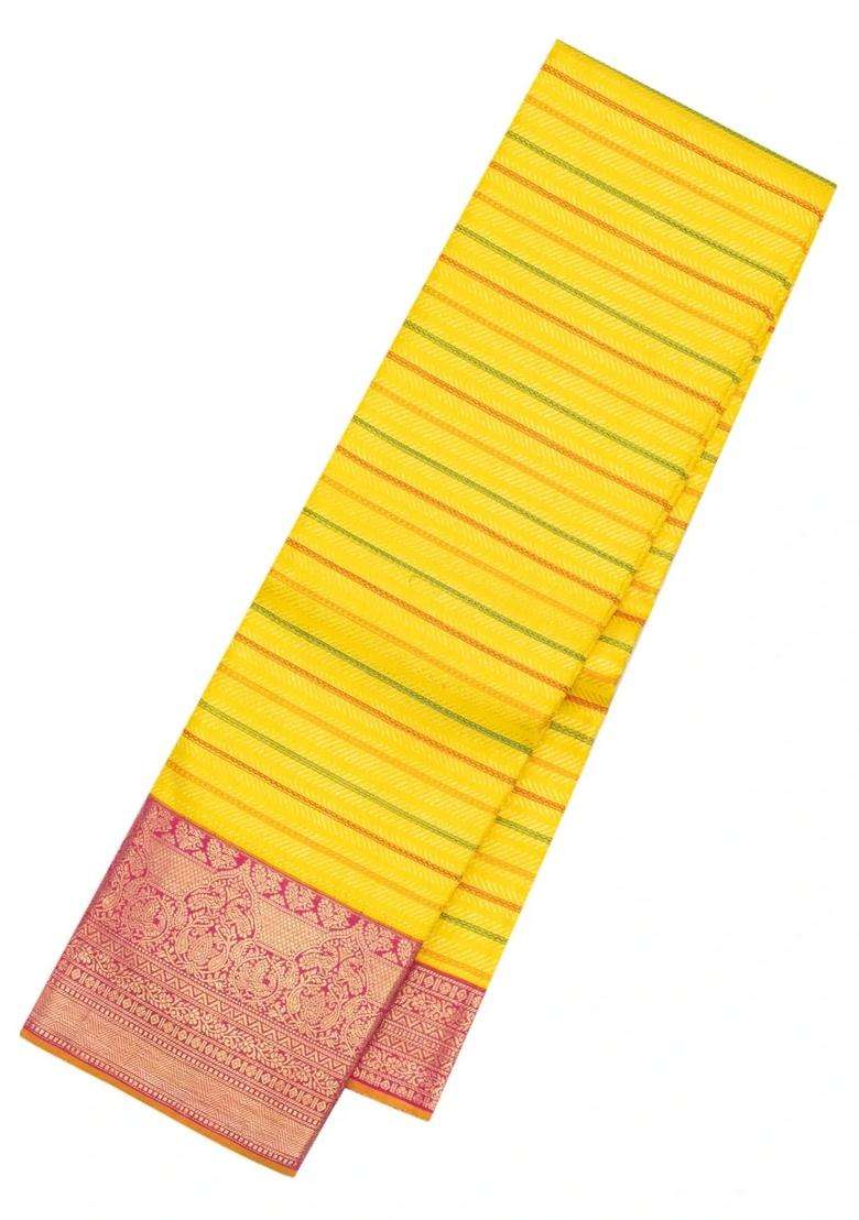 Yellow Handloom Korvai Kanchipuram Silk Saree With Stripes Contrast Border With Korvai And Temple Border Design For Women - Indya
