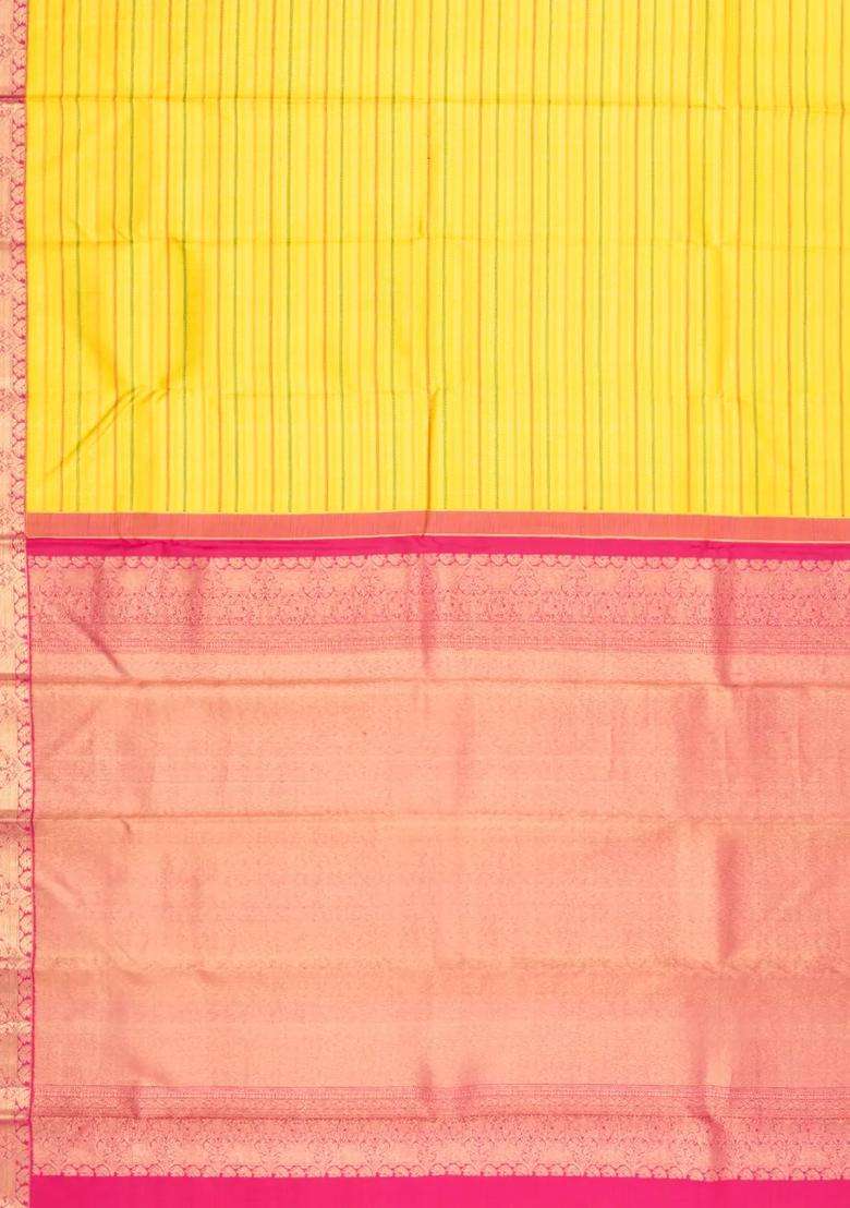 Yellow Handloom Korvai Kanchipuram Silk Saree With Stripes Contrast Border With Korvai And Temple Border Design For Women - Indya