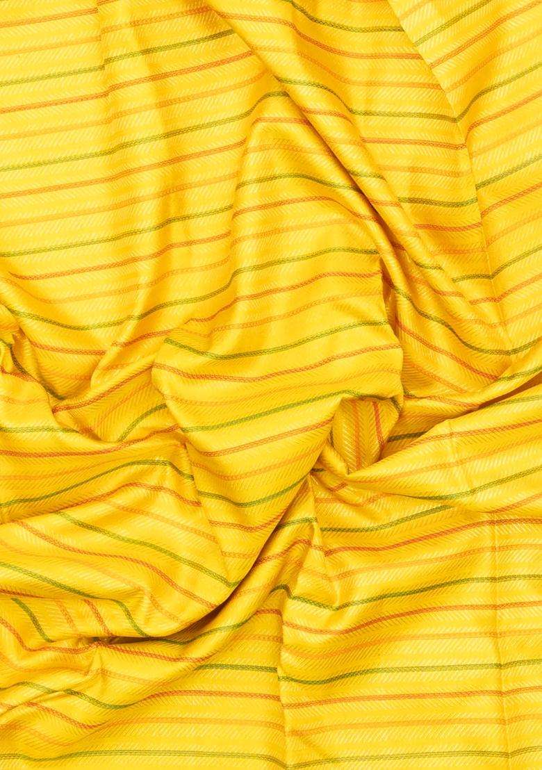Yellow Handloom Korvai Kanchipuram Silk Saree With Stripes Contrast Border With Korvai And Temple Border Design For Women - Indya
