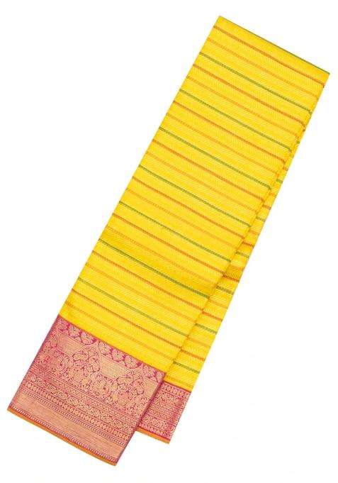 Yellow Handloom Korvai Kanchipuram Silk Saree With Stripes Contrast Border With Korvai And Temple Border Design For Women