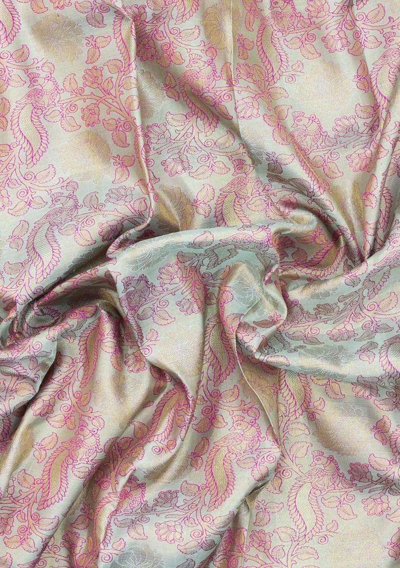 Turquoise Handloom Korvai Kanchipuram Silk Saree With Meena Bird Motifs With Korvai And Temple Border Design For Women - Indya