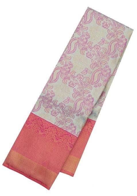 Turquoise Handloom Korvai Kanchipuram Silk Saree With Meena Bird Motifs With Korvai And Temple Border Design For Women