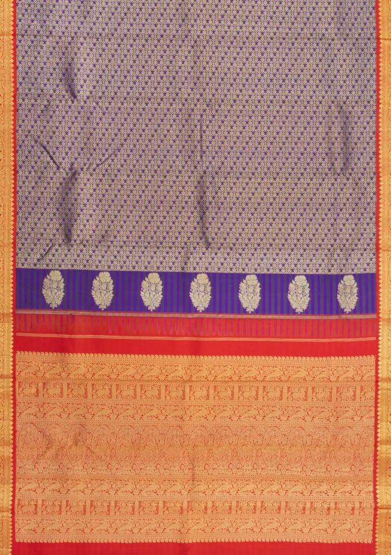 Violet Handloom Korvai Kanchipuram Silk Saree With Meena Floral Motifs With Korvai And Temple Border Design For Women - Indya