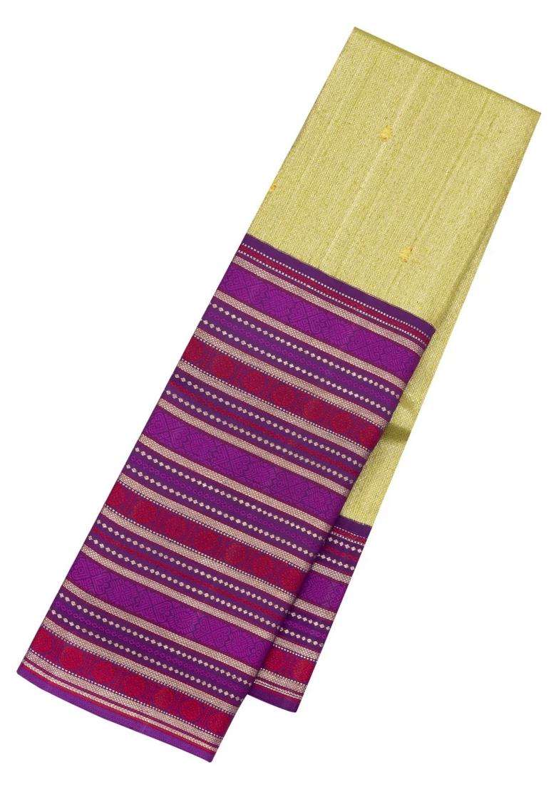 Cardamom Green Handloom Korvai Kanchipuram Silk Saree With Contrast Border With Korvai And Temple Border Design For Women - Indya