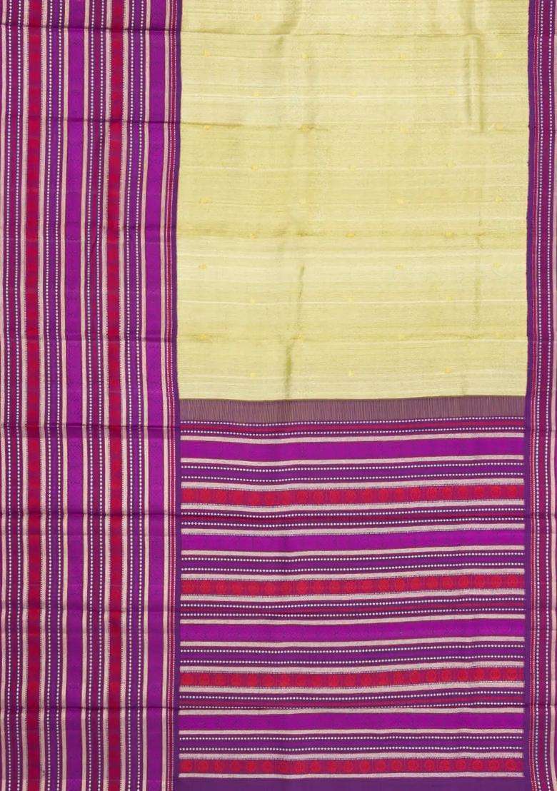 Cardamom Green Handloom Korvai Kanchipuram Silk Saree With Contrast Border With Korvai And Temple Border Design For Women - Indya