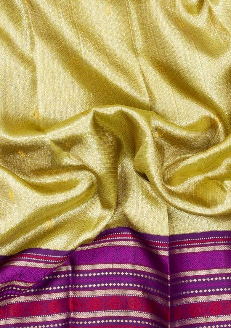 Cardamom Green Handloom Korvai Kanchipuram Silk Saree With Contrast Border With Korvai And Temple Border Design For Women - Indya